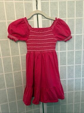 MINI BODEN Dress Girls 7-8 Pink Smocked Cotton Puff Sleeve